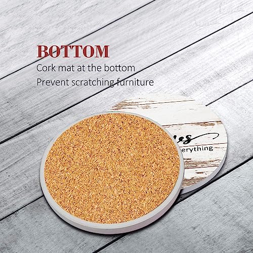 Bribay Coasters for Drinks Set of 6, Vintage Rusty Wood Farmhouse Home Happy Saying Absorbent Round Ceramic Stone Mat, with Cork Base and Metal Holder, Gift for Housewarming Room Bar Decor - Image 5