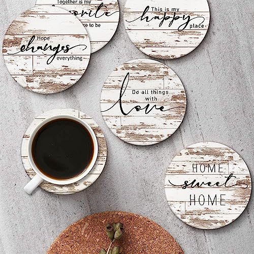 Bribay Coasters for Drinks Set of 6, Vintage Rusty Wood Farmhouse Home Happy Saying Absorbent Round Ceramic Stone Mat, with Cork Base and Metal Holder, Gift for Housewarming Room Bar Decor - Image 4