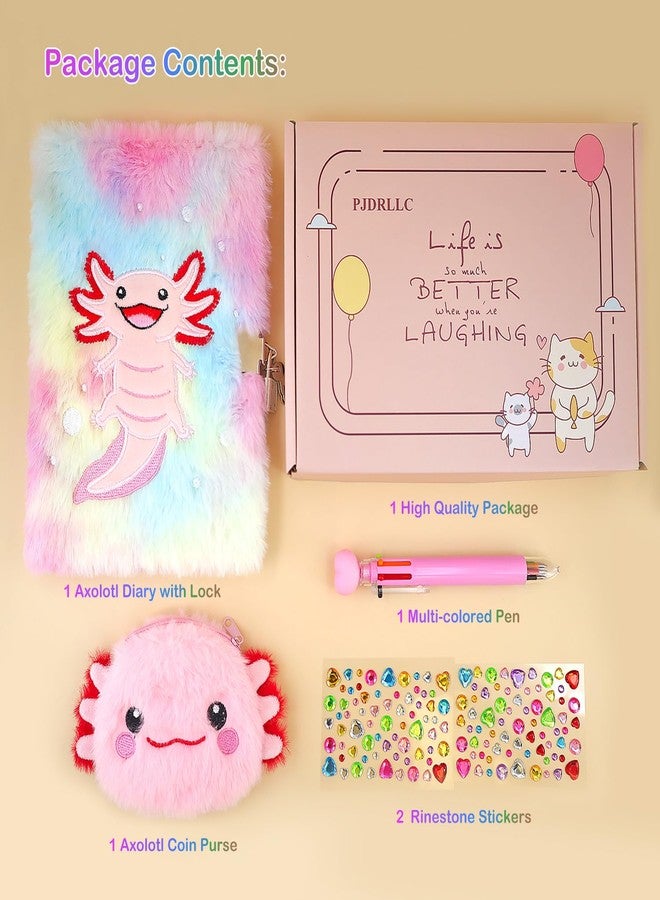 PJDRLLC Axolotl Diary with Lock, Gift for 8 9 10 Year Old Girl, Secret Diary Journal Notebook with Coin Purse, Multicolored Pen, Stickers, Practical Gift for Birthday Christmas - Image 4