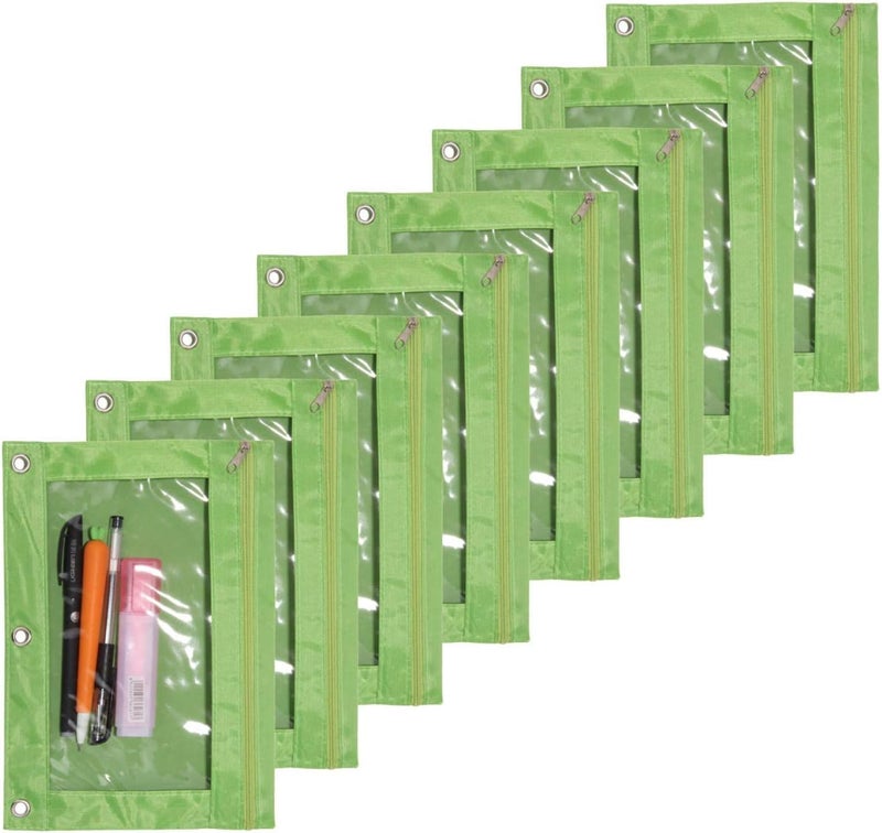 SdeFe Store Zippered Pen Pencil Binder Pouch 3 Rings with Clear Window for School Classroom Organizers 8 Pcs (Green) - Image 1
