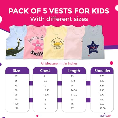 MumsLap 100% Cotton Sleeveless Vests (Pack of 5) | Kids Sando | Baniyan for Kids 0-24 Months Boys & Girls (2-3 Years) Multicolour, Relaxed Fit - Image 4