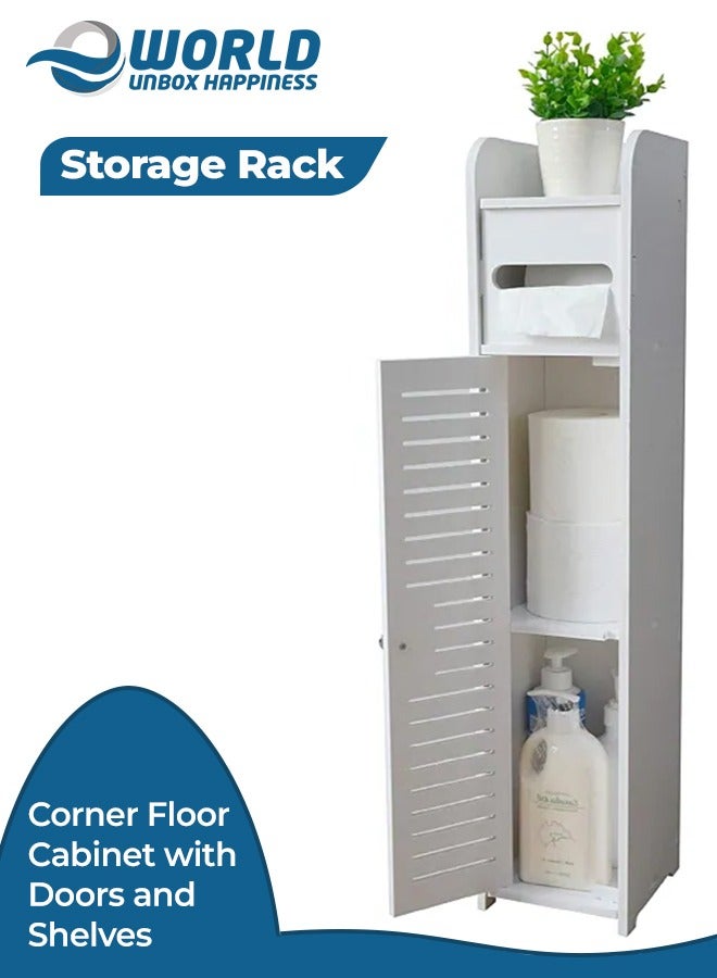 إي وورلد "خزانة الزاوية الأرضية باللون الأبيض من PVC عالي الجودة بتصميم مقاوم للماء وخفيف الوزن، تتميز بأبواب ورفوف وتصميم نحيف مثالي لخزانة المرحاض وتخزين المناشف وحامل الورق." - Image 1