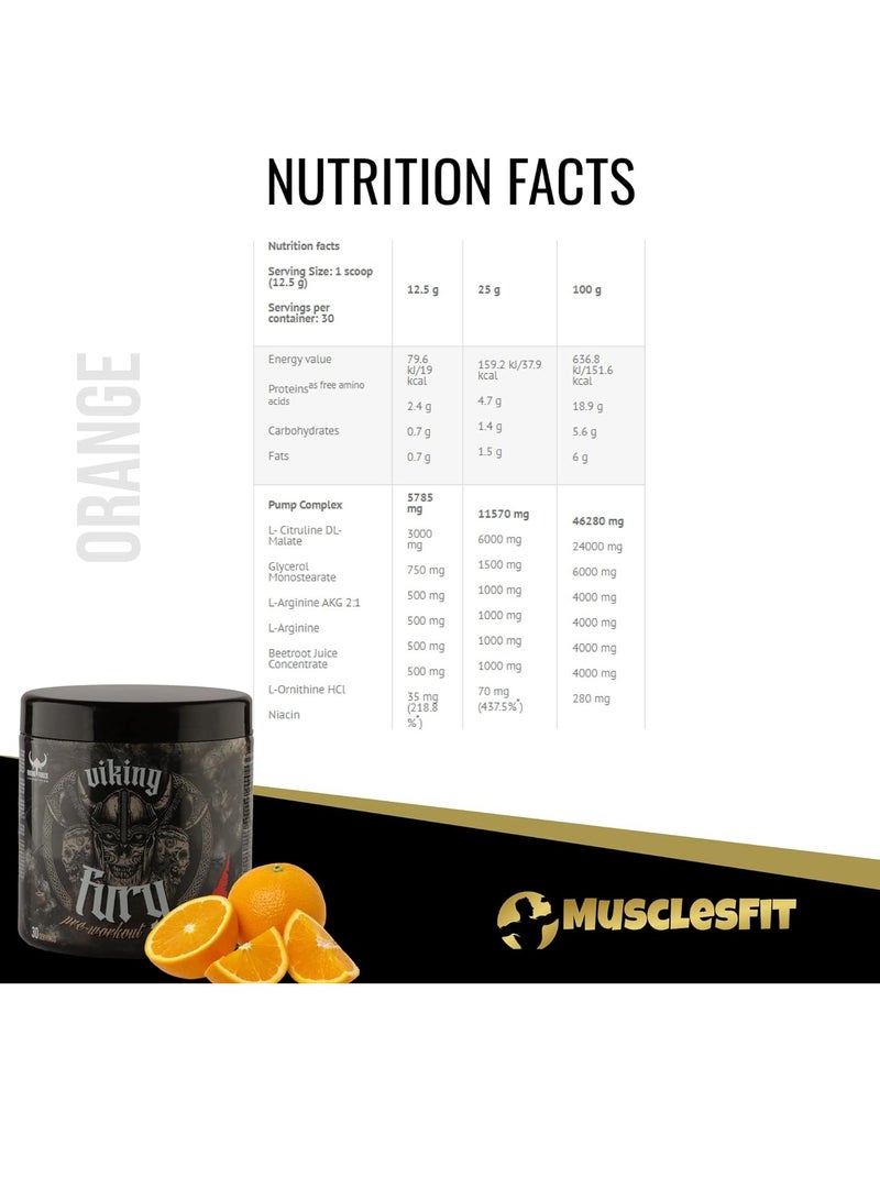 VIKING FORCE LABORATORIES Viking Fury - Blood Orange Flavour Pre-workout energy booster, 375g pack, 30 servings - Image 4