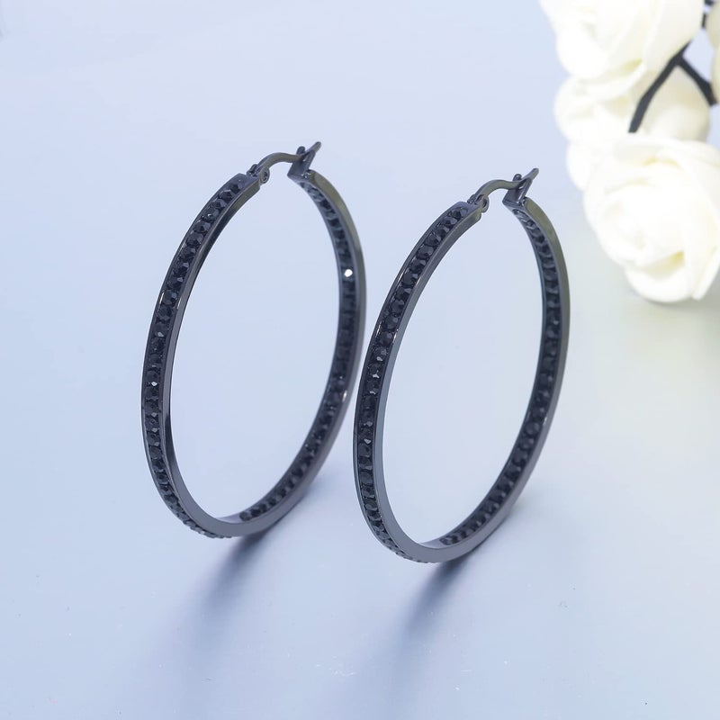 CiNily Black Gold Plated Stainless Steel Hoop Earrings for Women All Black Cubic Zirconia Big Hoop Earrings 2" 50 mm - Image 4