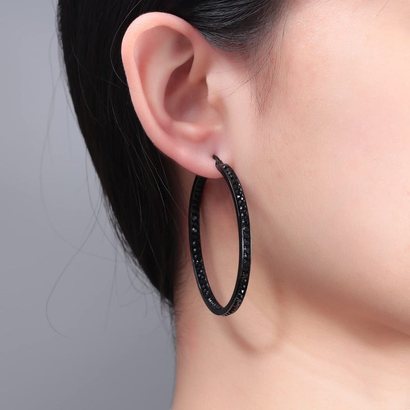 CiNily Black Gold Plated Stainless Steel Hoop Earrings for Women All Black Cubic Zirconia Big Hoop Earrings 2" 50 mm - Image 3