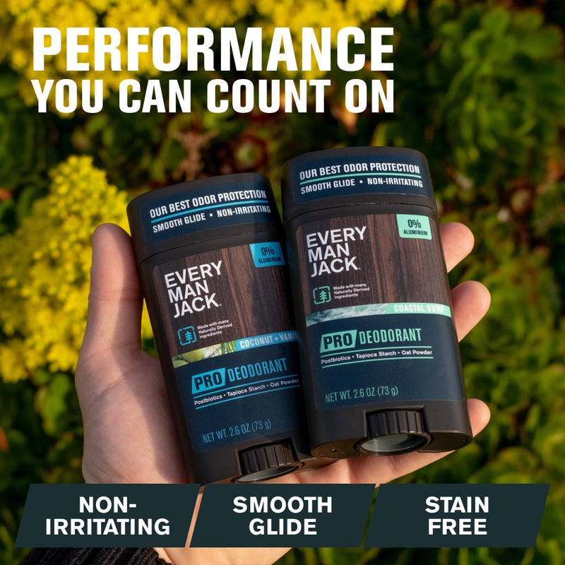 Every Man Jack Men's Pro Deodorant - 48-Hour Odor Defense Blend - Aluminum Free - Contains Postbiotics, Tapioca Stach & Oat Powder - Coastal Surf & Coconut + Vanilla Bundle - 2.6 oz (2 Pack) - Image 4