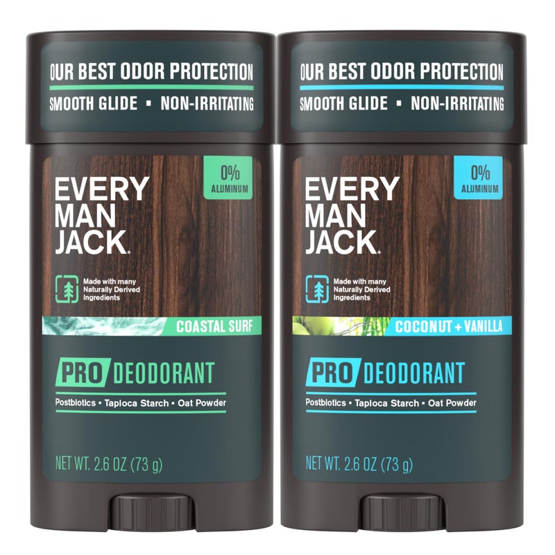Every Man Jack Men's Pro Deodorant - 48-Hour Odor Defense Blend - Aluminum Free - Contains Postbiotics, Tapioca Stach & Oat Powder - Coastal Surf & Coconut + Vanilla Bundle - 2.6 oz (2 Pack) - Image 1