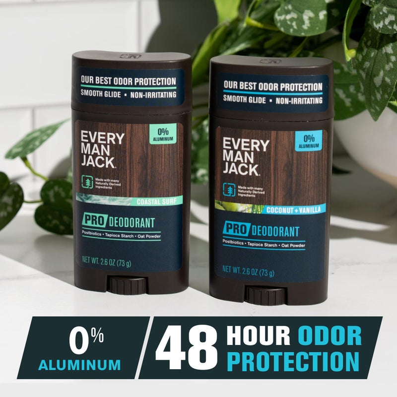 Every Man Jack Men's Pro Deodorant - 48-Hour Odor Defense Blend - Aluminum Free - Contains Postbiotics, Tapioca Stach & Oat Powder - Coastal Surf & Coconut + Vanilla Bundle - 2.6 oz (2 Pack) - Image 2