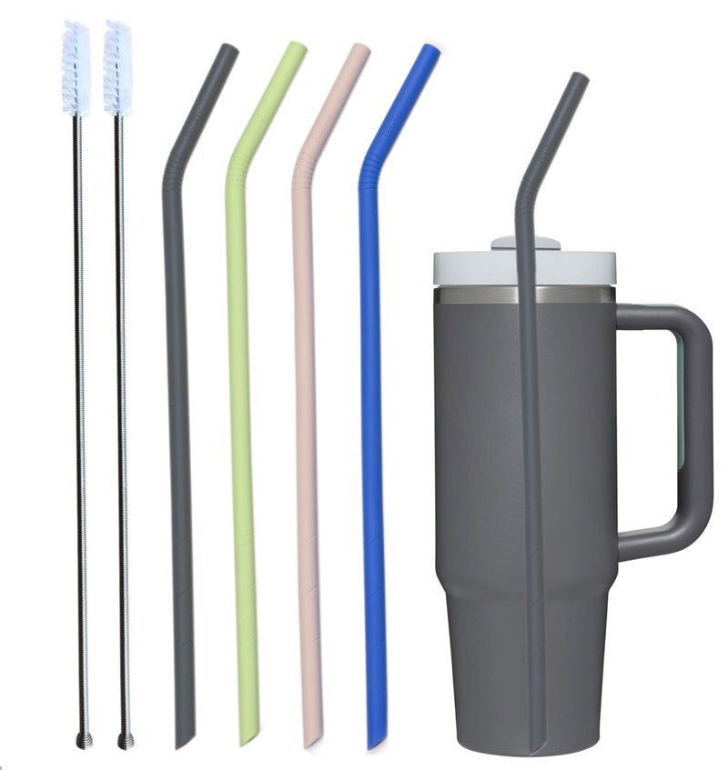 Tegion Stanley Cup Accessories 14â€ Extra Long Silicone Reusable Replacement Drinking Straws for 40 oz Quencher Tumbler,Wine Bottle-Blue Iris,Green Citron,Charcoal,Light Brown With Bendable Brush - Image 1