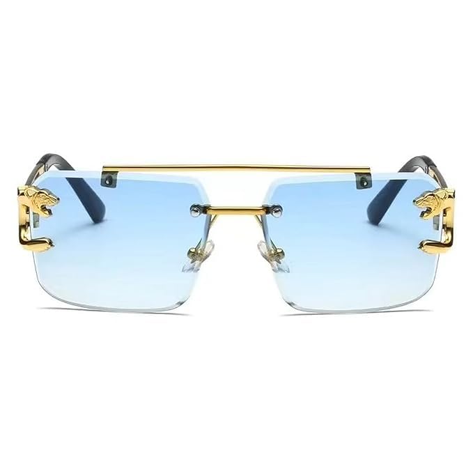 mashamart Luxury Rimless Sunglasses,Honey Singh Inspired Gold Metal Frame, Tinted Lenses, Decorative Side Accents (Pack of 1) (Blue) - Image 1