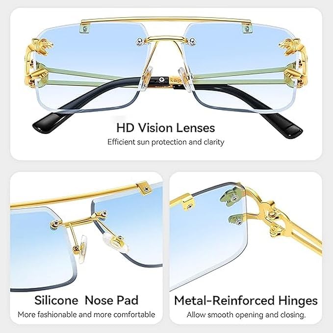 mashamart Luxury Rimless Sunglasses,Honey Singh Inspired Gold Metal Frame, Tinted Lenses, Decorative Side Accents (Pack of 1) (Blue) - Image 4