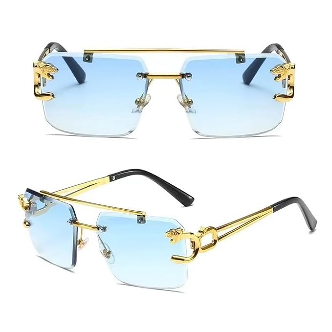 mashamart Luxury Rimless Sunglasses,Honey Singh Inspired Gold Metal Frame, Tinted Lenses, Decorative Side Accents (Pack of 1) (Blue) - Image 5
