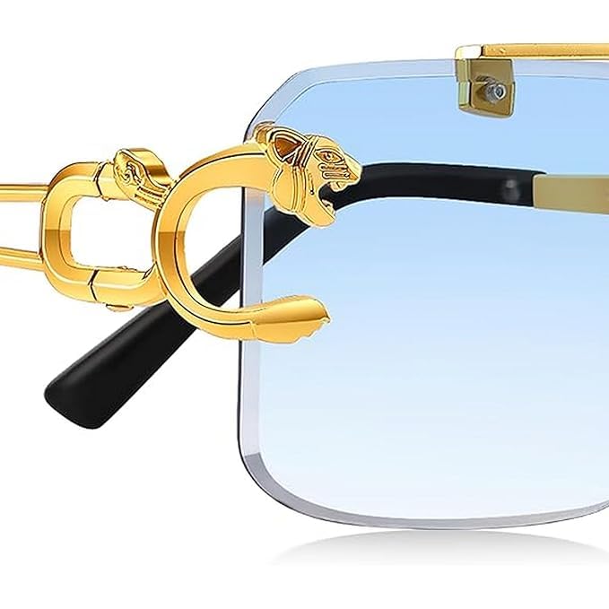 mashamart Luxury Rimless Sunglasses,Honey Singh Inspired Gold Metal Frame, Tinted Lenses, Decorative Side Accents (Pack of 1) (Blue) - Image 2