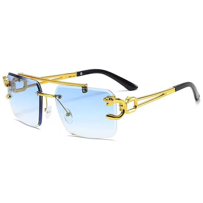 mashamart Luxury Rimless Sunglasses,Honey Singh Inspired Gold Metal Frame, Tinted Lenses, Decorative Side Accents (Pack of 1) (Blue) - Image 3
