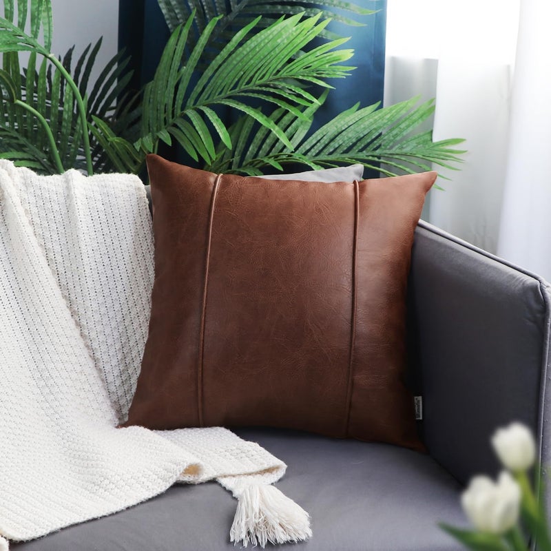BRAWARM Dark Brown Leather Throw Pillow Covers 22 X 22 Inches - Faux Leather Pillow Cover with Piping, Hand Stitched Leather Throw Pillow for Couch Sofa Bed Living Room Home Decorative - Image 2
