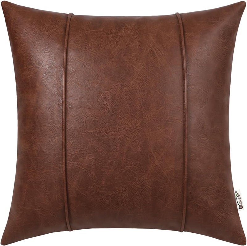 BRAWARM Dark Brown Leather Throw Pillow Covers 22 X 22 Inches - Faux Leather Pillow Cover with Piping, Hand Stitched Leather Throw Pillow for Couch Sofa Bed Living Room Home Decorative - Image 1