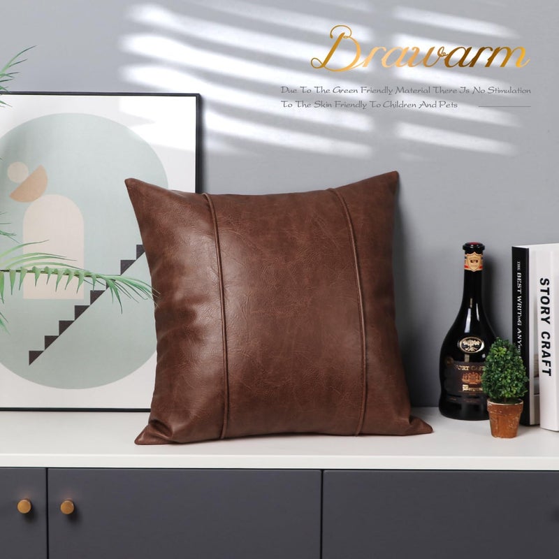 BRAWARM Dark Brown Leather Throw Pillow Covers 22 X 22 Inches - Faux Leather Pillow Cover with Piping, Hand Stitched Leather Throw Pillow for Couch Sofa Bed Living Room Home Decorative - Image 5