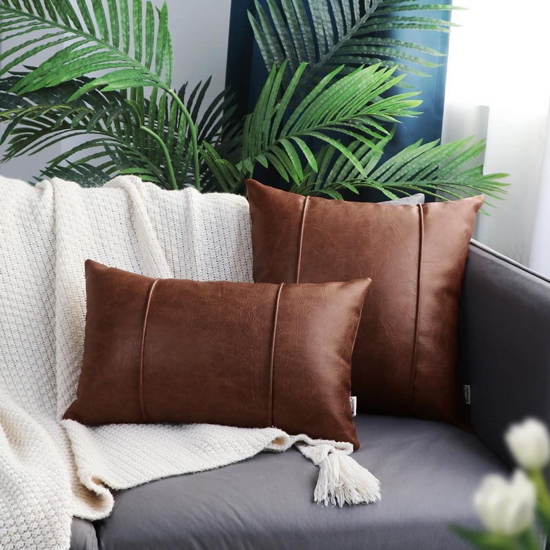 BRAWARM Dark Brown Leather Throw Pillow Covers 22 X 22 Inches - Faux Leather Pillow Cover with Piping, Hand Stitched Leather Throw Pillow for Couch Sofa Bed Living Room Home Decorative - Image 3