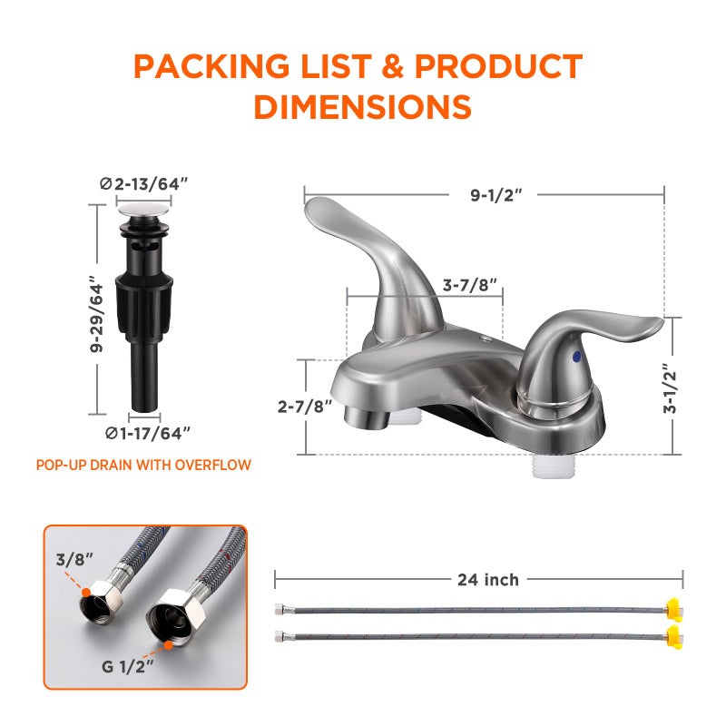 KPWATER Bathroom Sink Faucets 2/3 Hole,Brushed Nickel Dual Handles 4 inch Plastic Plating Over Bathroom Faucet with Pop-up Drain and 2 Supply Hoses for Apartment Rvs Sink Vanity - Image 3