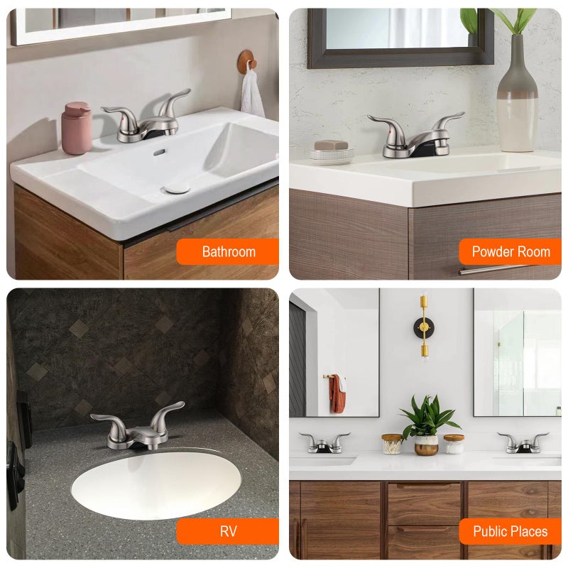 KPWATER Bathroom Sink Faucets 2/3 Hole,Brushed Nickel Dual Handles 4 inch Plastic Plating Over Bathroom Faucet with Pop-up Drain and 2 Supply Hoses for Apartment Rvs Sink Vanity - Image 5