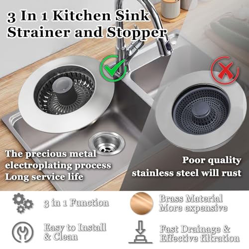 BAOLSLS 3 in 1 Kitchen Sink Stopper, Pop Up Kitchen Sink Drain Strainer, with an Extra Basket Strainer, Kitchen Sink Drain Stopper for US Standard 3-1/2 Inch, Brass Material Electroplate Silver - Image 4