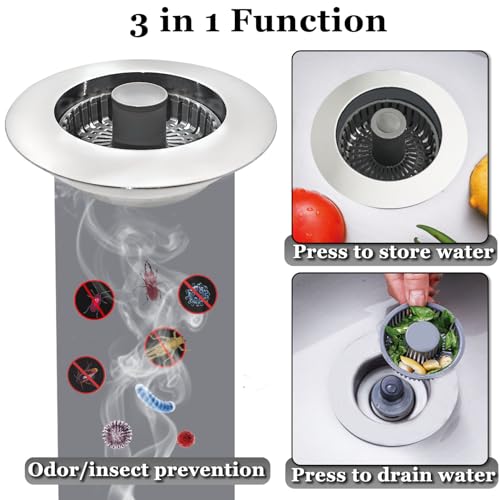 BAOLSLS 3 in 1 Kitchen Sink Stopper, Pop Up Kitchen Sink Drain Strainer, with an Extra Basket Strainer, Kitchen Sink Drain Stopper for US Standard 3-1/2 Inch, Brass Material Electroplate Silver - Image 2