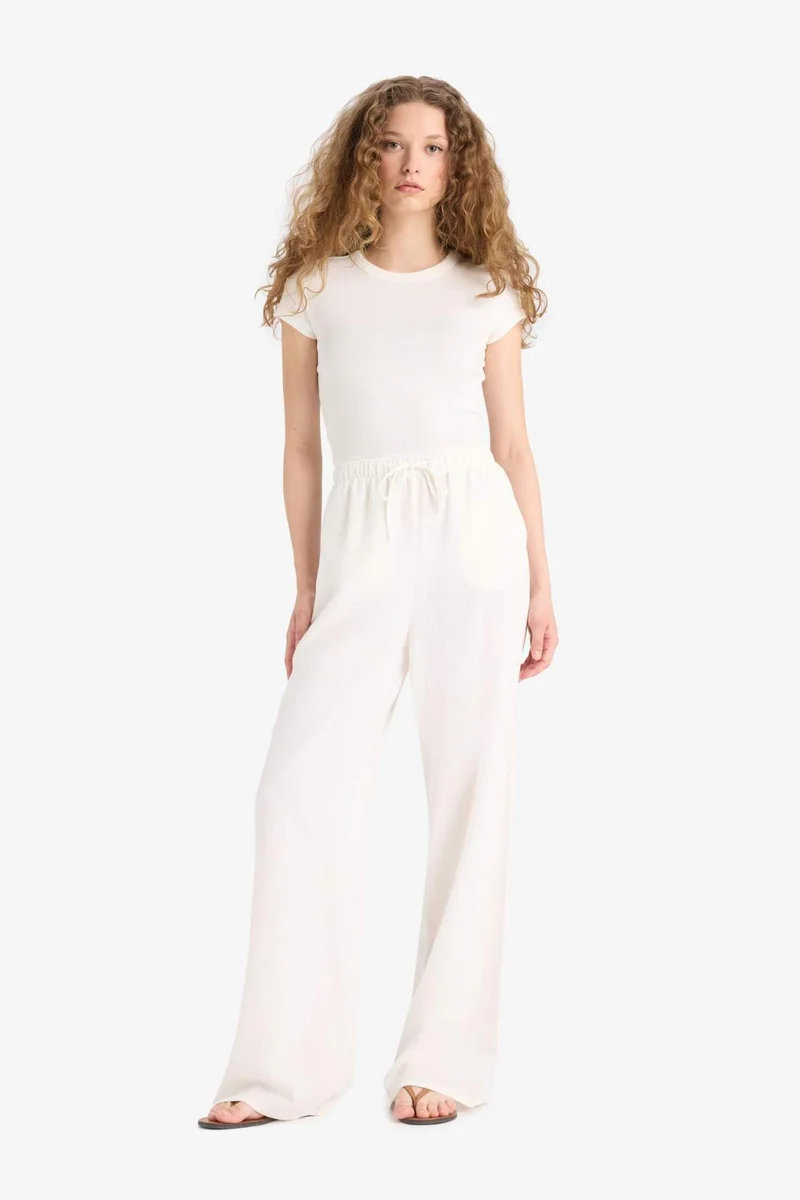 DeFacto High Waist Linen Blend Wide Leg Trousers