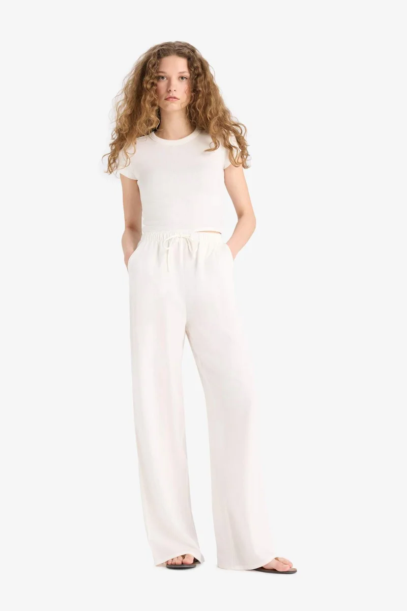 DeFacto High Waist Linen Blend Wide Leg Trousers