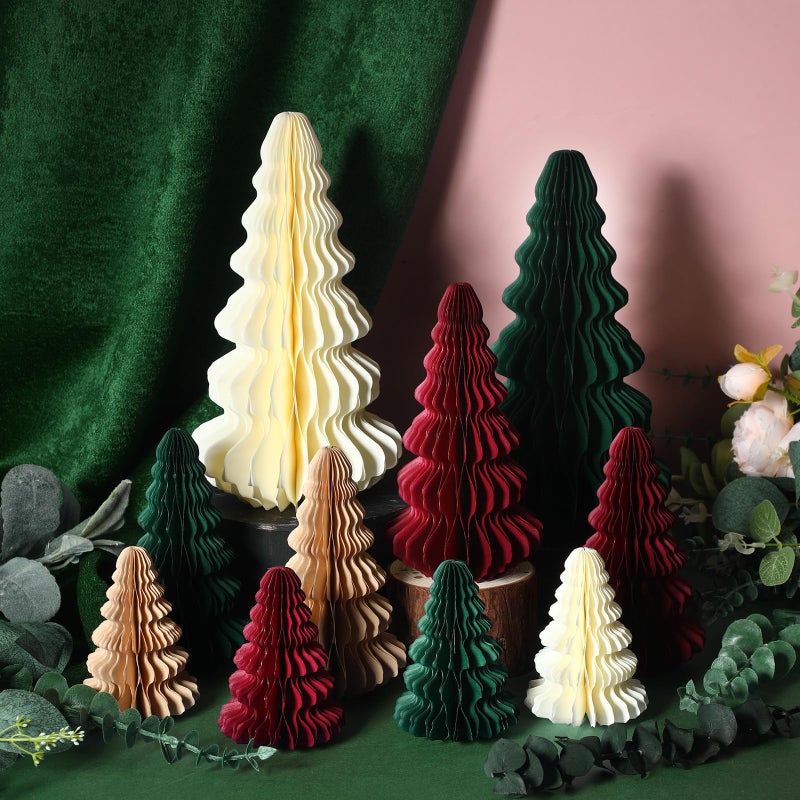 Fullhawl 10 Pcs Paper Christmas Trees Neutral Honeycomb Christmas Trees 46 710 Inch 3D Honeycomb Xmas Paper Cozy Table Ornament for XmasGreen Red Brown Beige - Image 2