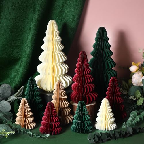 Fullhawl 10 Pcs Paper Christmas Trees Neutral Honeycomb Christmas Trees 46 710 Inch 3D Honeycomb Xmas Paper Cozy Table Ornament for XmasGreen Red Brown Beige - Image 1