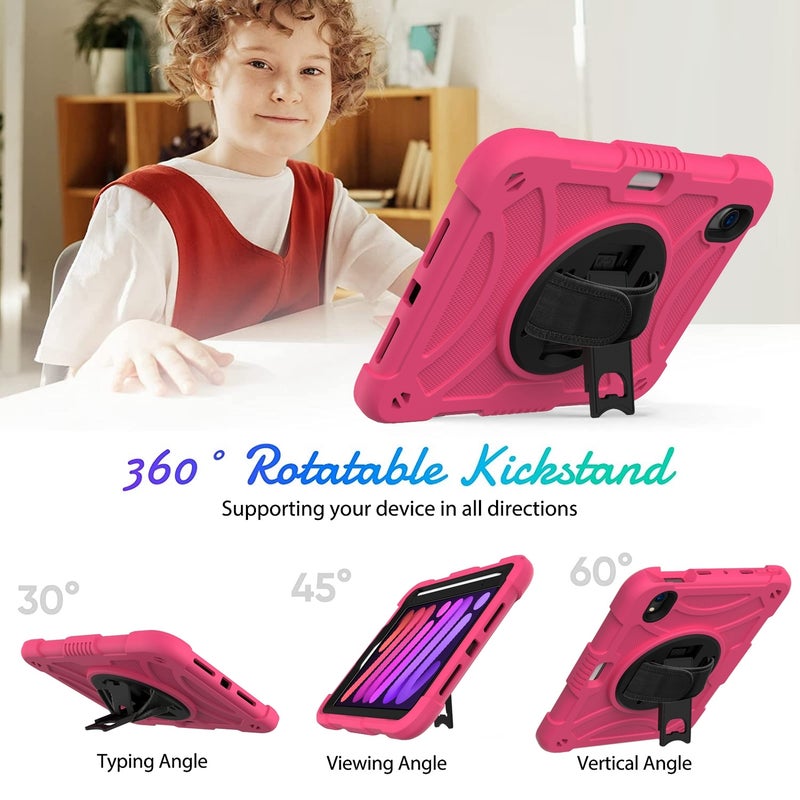 HuHa Protective Cover For iPad mini 6 / mini 2024 PC Hybrid Silicone Tablet Case with Holder & Hand Strap & Shoulder Strap(Rose Red) - Image 2