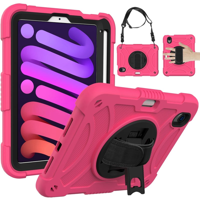 HuHa Protective Cover For iPad mini 6 / mini 2024 PC Hybrid Silicone Tablet Case with Holder & Hand Strap & Shoulder Strap(Rose Red) - Image 1