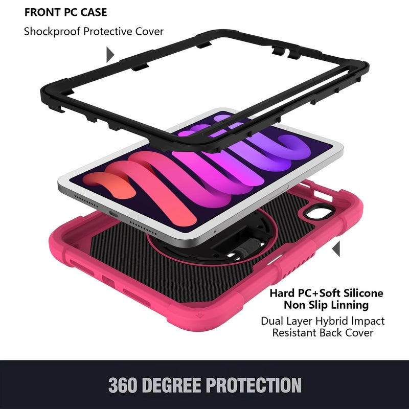 HuHa Protective Cover For iPad mini 6 / mini 2024 PC Hybrid Silicone Tablet Case with Holder & Hand Strap & Shoulder Strap(Rose Red) - Image 3