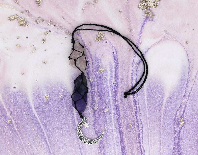 BOHO GARDEN Crystal Hanging Car Charm - Purple Rear View Mirror Hanging Car Accessories for Women, Moon Decor Hanging Ornament, Witchy Gifts and Healing Stones - Rose Quartz & Amethyst - Image 4