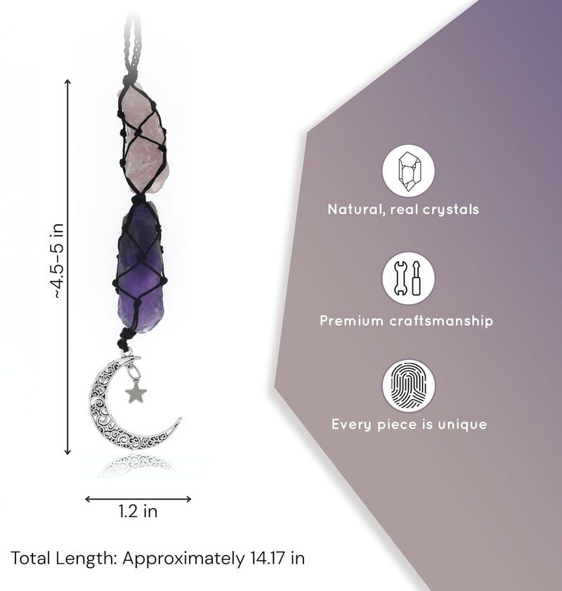 BOHO GARDEN Crystal Hanging Car Charm - Purple Rear View Mirror Hanging Car Accessories for Women, Moon Decor Hanging Ornament, Witchy Gifts and Healing Stones - Rose Quartz & Amethyst - Image 2