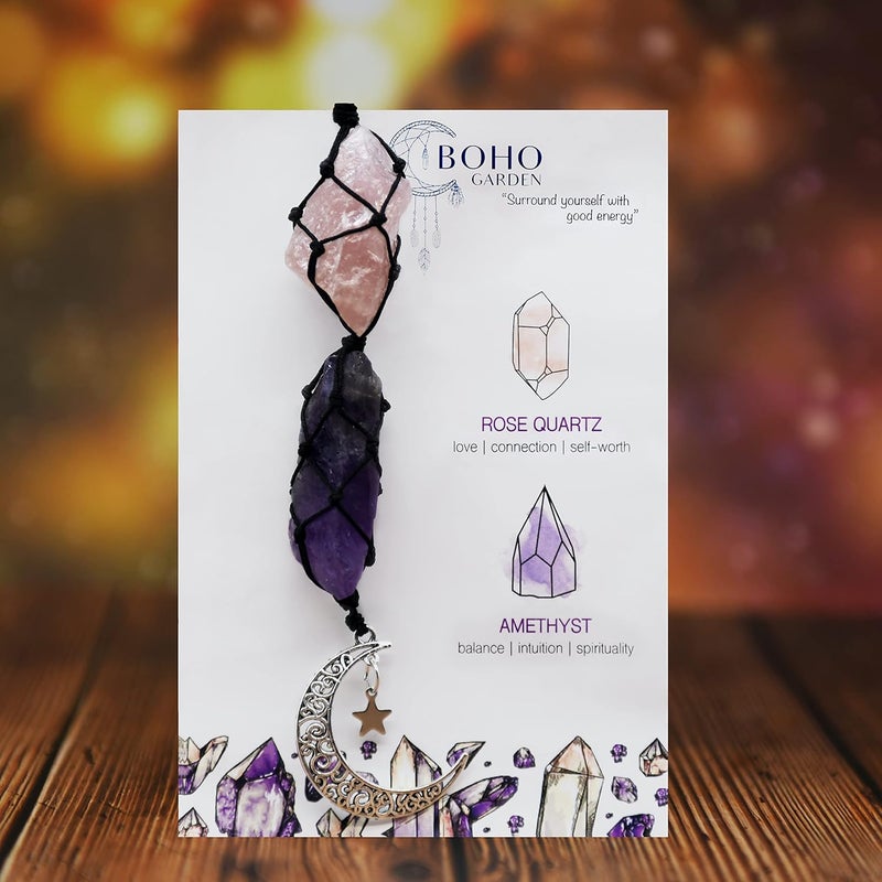 BOHO GARDEN Crystal Hanging Car Charm - Purple Rear View Mirror Hanging Car Accessories for Women, Moon Decor Hanging Ornament, Witchy Gifts and Healing Stones - Rose Quartz & Amethyst - Image 1