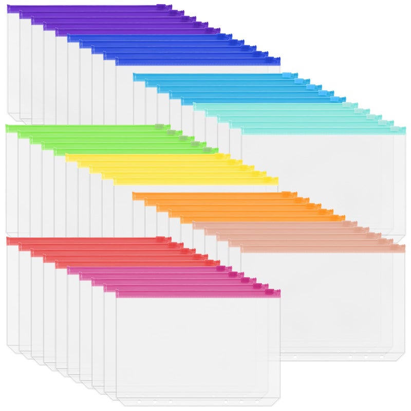 Antner 50PCS A5 Binder Pockets 6-Hole Cash Stuffing Envelopes for Money Saving, 10 Assorted Color Zipper Pouch Folders Budget Planner Inserts Loose Leaf Money Organizer Bags for A5 6-Ring Binder - Image 1