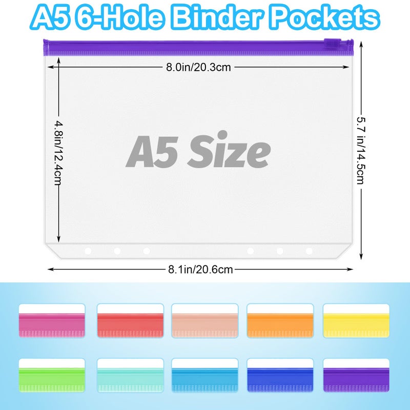 Antner 50PCS A5 Binder Pockets 6-Hole Cash Stuffing Envelopes for Money Saving, 10 Assorted Color Zipper Pouch Folders Budget Planner Inserts Loose Leaf Money Organizer Bags for A5 6-Ring Binder - Image 2