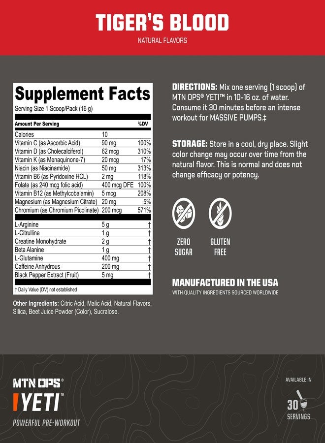MTN OPS Yeti Pre-Workout Powder Energy Drink with Creatine, 200mg Caffeine & BCAAs with Beta Alanine, 30-Serving Tub, Tiger's Blood - Image 3