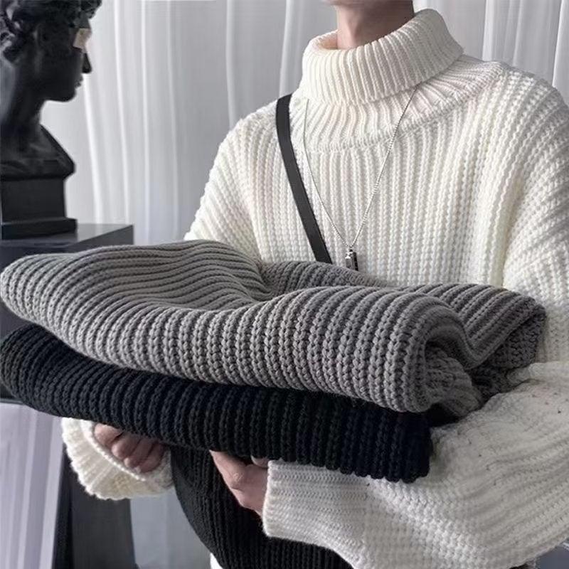 High Collar Sweater Mens Thick Warm Knitwear Grey