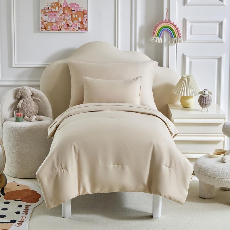 Uozzi Bedding Toddler Bedding Set  5 Piece Soft and Breathable Toddler Bed Set for Boys and Girls Includes Quilted Comforter Fitted Sheet Flat Top Sheet Standard Pillowcase and Toddler Pillowcase Cream Beige - Image 3