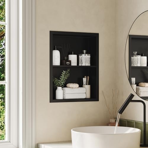 Qeke 14x18 Medicine Cabinet Recessed Medicine Cabinet Without Mirror 304 Stainless Steel Medicine Wall Niche with Double Shelves Matte Black