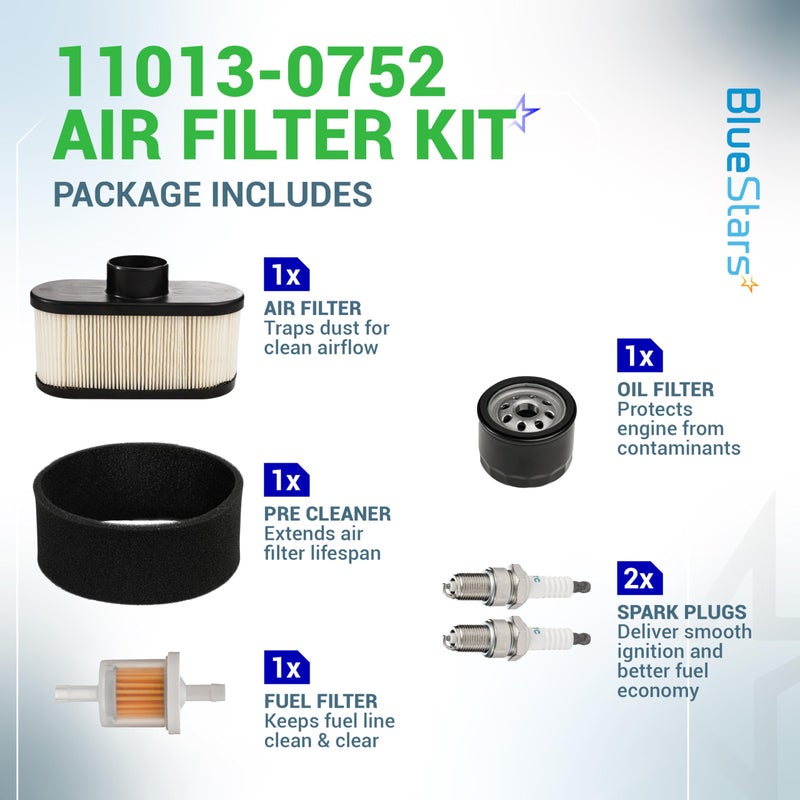 BlueStars FR691V Tune Up Kit - Compatible with Kawasaki FR651V FR730V FS481V FS541V FS600V FS651V FS691V FS730V Engine Lawn Mower 49065-7007 Oil Filter 11013-0752 Air Filter 11013-7046 Pre Filter - Image 2