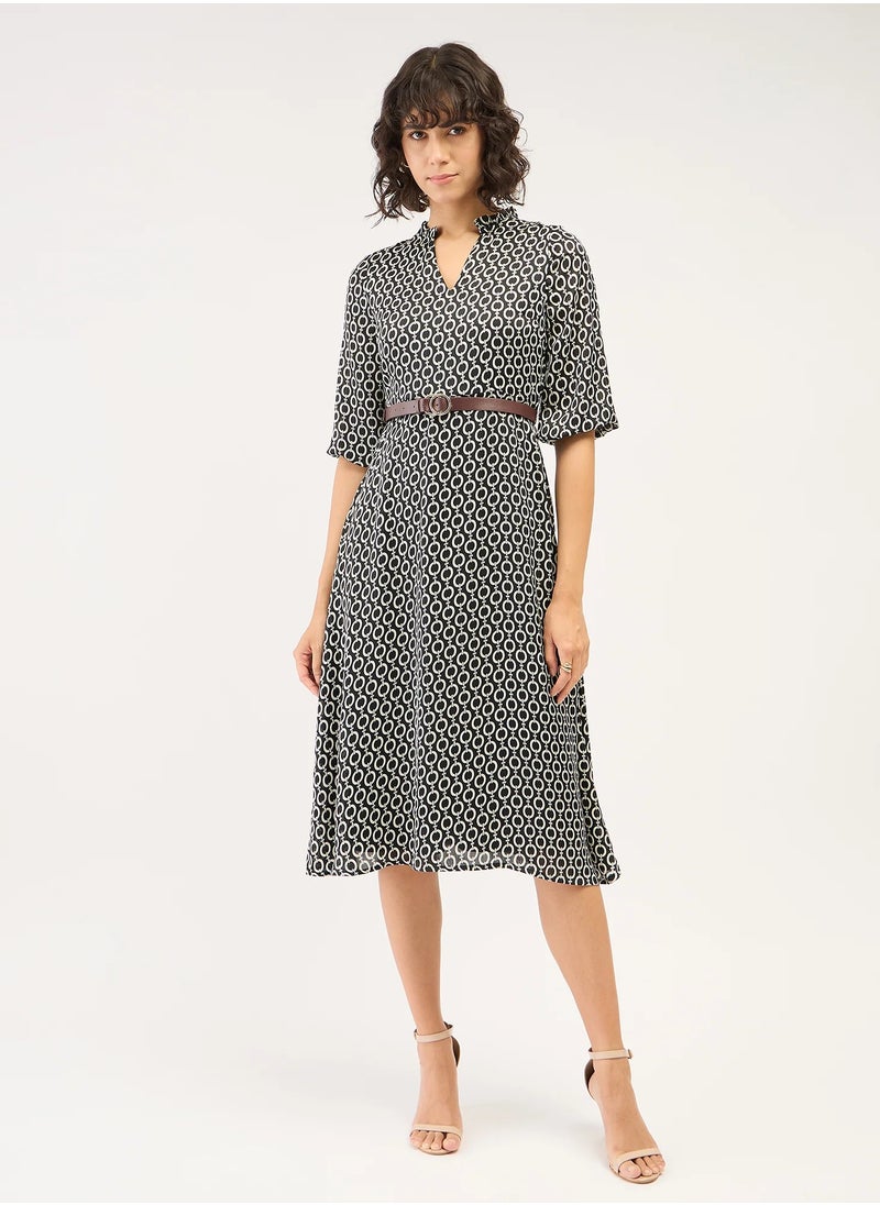 Salt Attire Women's Geometric Pattern Midi Dress Fit and Flared Silhouette, Ruffled Split V Neckline, 3/4 Blouson Sleeves, Side Zip Closure, and Faux Leather Belt for Chic Style  - Image 1