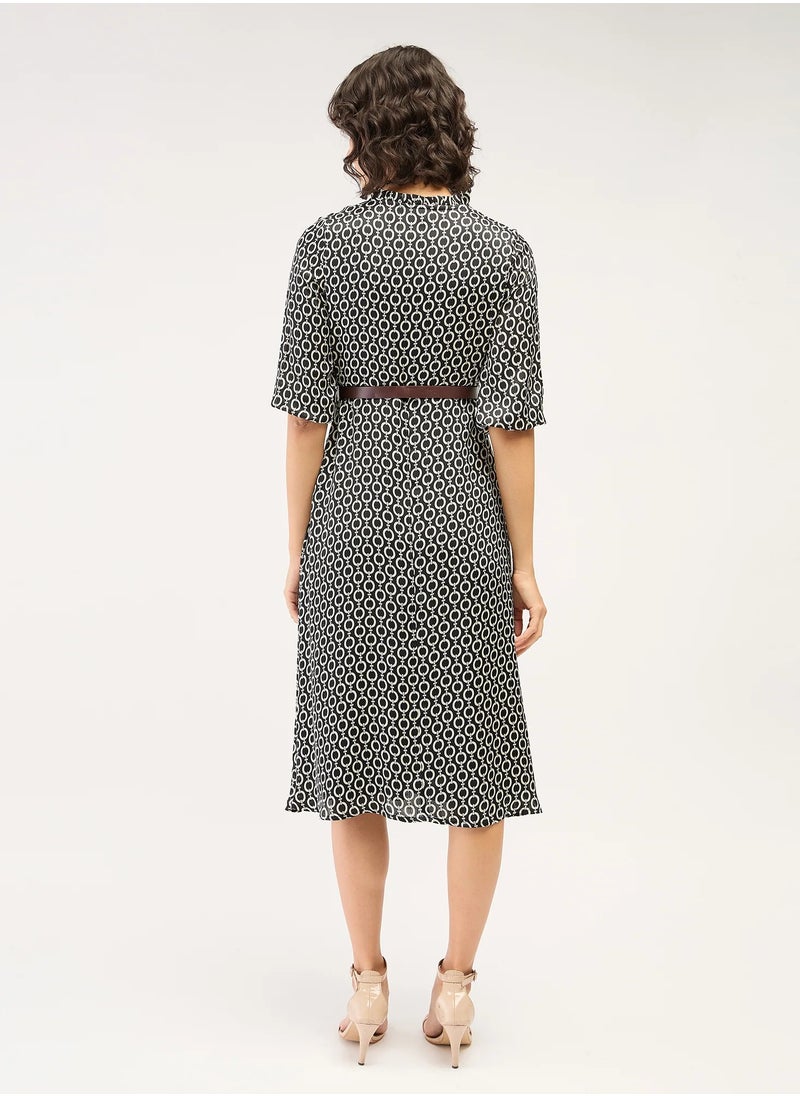Salt Attire Women's Geometric Pattern Midi Dress Fit and Flared Silhouette, Ruffled Split V Neckline, 3/4 Blouson Sleeves, Side Zip Closure, and Faux Leather Belt for Chic Style  - Image 2