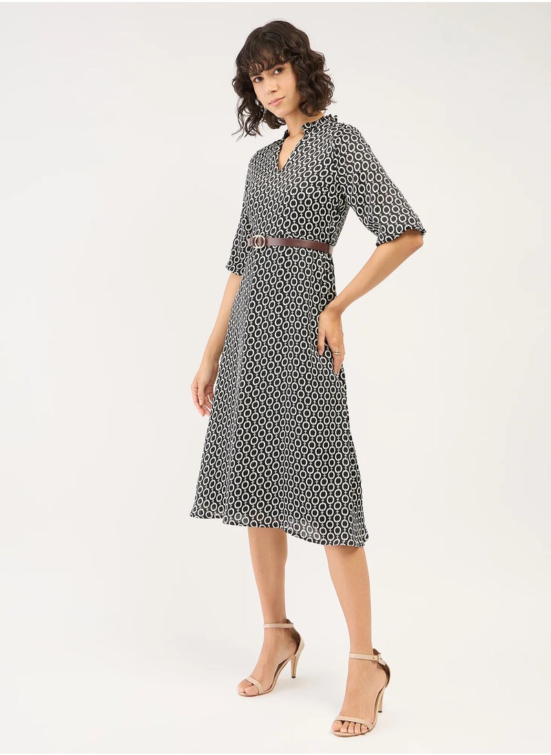 Salt Attire Women's Geometric Pattern Midi Dress Fit and Flared Silhouette, Ruffled Split V Neckline, 3/4 Blouson Sleeves, Side Zip Closure, and Faux Leather Belt for Chic Style  - Image 5