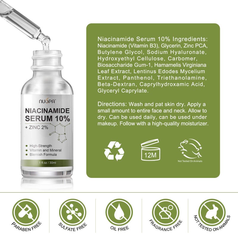 NUSPA Niacinamide Serum 10% Plus Zinc 2% for Face Skin Care Vitamin B3 Facial Serum with Hyaluronic Acid for Dry Skin and Pore SkinTreatment,Multi-Use For Face,Neck,Hand - Image 5