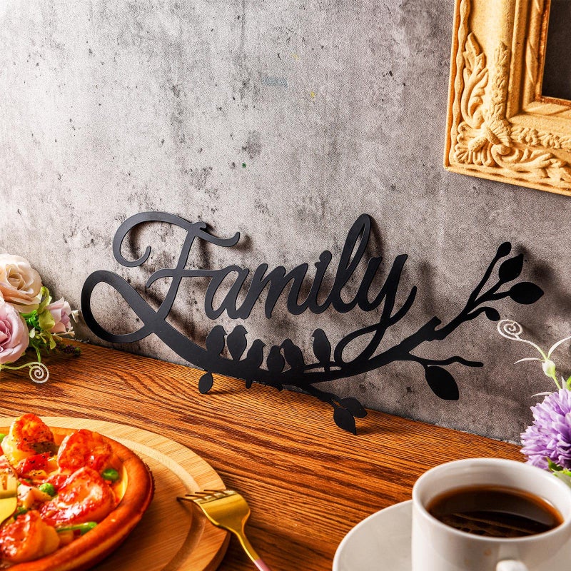 Yulejo Family Wall Decor Metal Family Sign Cursive Word Family Wall Sign Black Iron Home Decor Wall Art Rustic Hanging Family Word Sign Country Home Decor for Home Dining Room Kitchen Door Decor (13 Inch) - Image 2