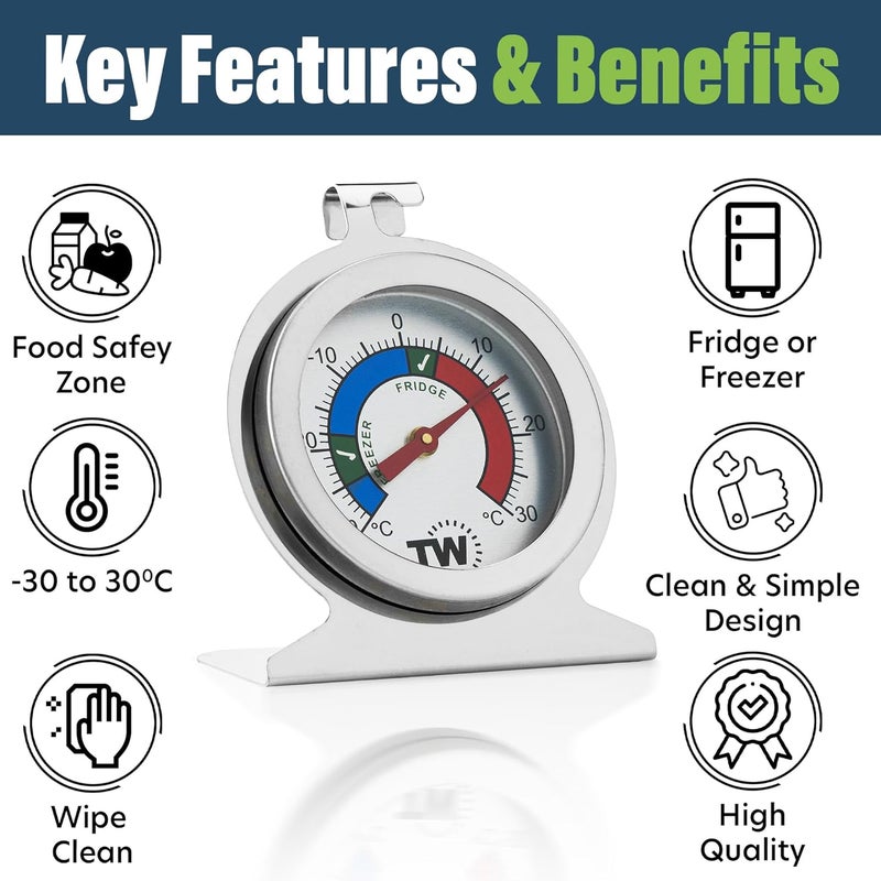 Thermometer World حزمة مزدوجة من مقياس حرارة الثلاجة والفريزر لمراقبة درجة حرارة الثلاجة، مقياس حرارة من الفولاذ المقاوم للصدأ للفريزر والثلاجة - Image 2