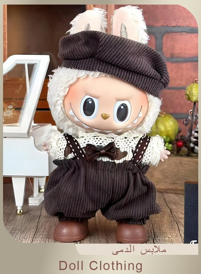 La Boos Labubu Clothes - 4-Piece Labubu Clothing Set，17 Cm Labubu Original Doll Stylish And Chic Set - Brown Hat + Bow Shirt + Brown Overalls + Brown Shoes - Image 1